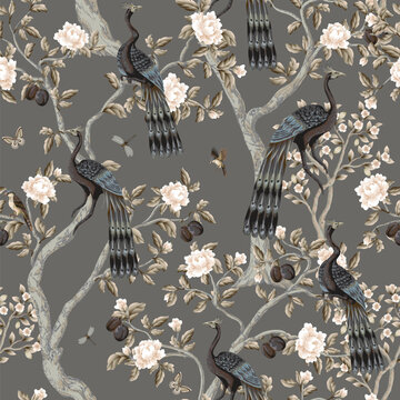 Chinoiserie Peacock Seamless Pattern with Floral Trees Birds Vintage Oriental Wallpaper Design Illustration