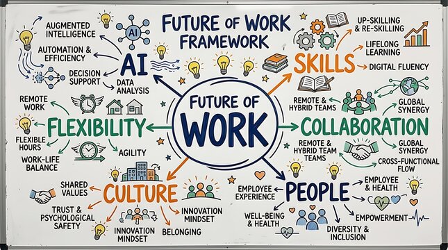 Future of work framework mind map infographic showing key business concepts and strategies.