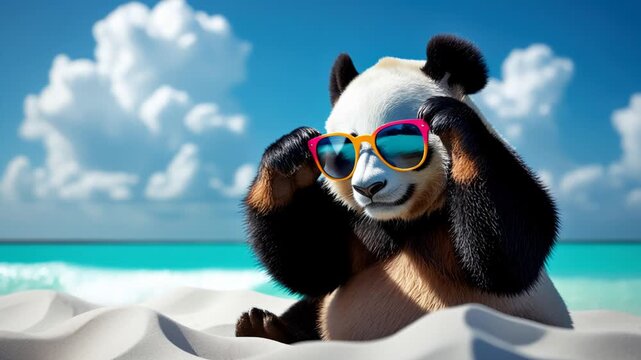 Portrait of panda bear animal pet on background summer sandy beach sea coast seascape AI Generative