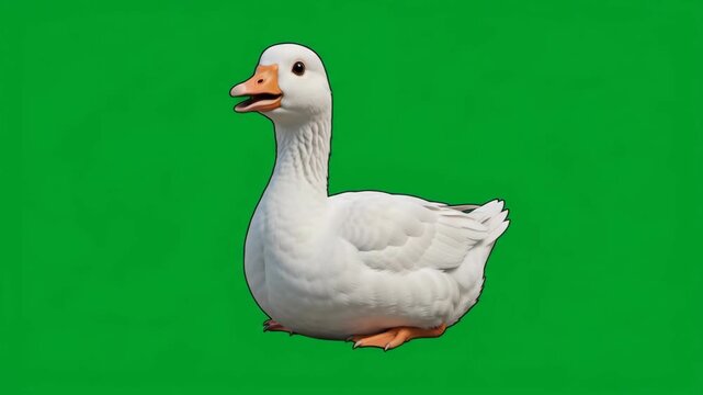 White goose with an orange beak sitting on a green background, isolated for easy compositing.