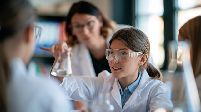 rear view of pupils carrying out an experiment in a bright science class under the guidance of their teacher, backs to camera, education concept, STEM, learning, teamwork,