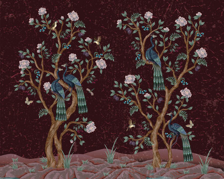 Chinoiserie Peacock Mural with Elegant Birds Floral Trees Vintage Wallpaper Landscape Design Illustration