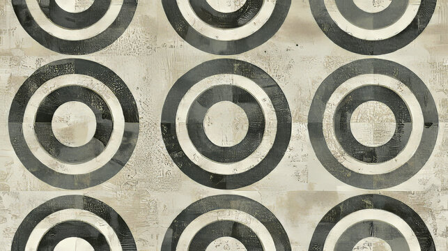 Geometric circle pattern, abstract black and white concentric rings on textured beige background, minimalist modern design, seamless retro style, artistic and calm visual