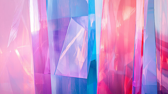 Abstract gradient glass sculpture with interlocking panels, featuring pink, blue, and purple hues, modern art style, vibrant and reflective surface, creative and uplifting mood