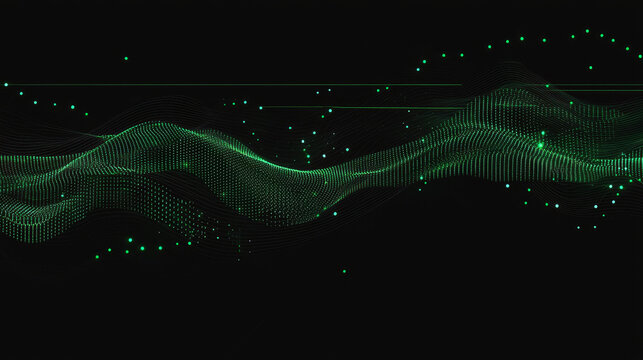 Abstract green wave, digital mesh, glowing dots, and curved lines on black background create futuristic, dynamic, and energetic technology concept for modern design