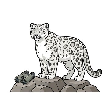 Snow leopard standing on a rock with binoculars for wildlife conservation concept