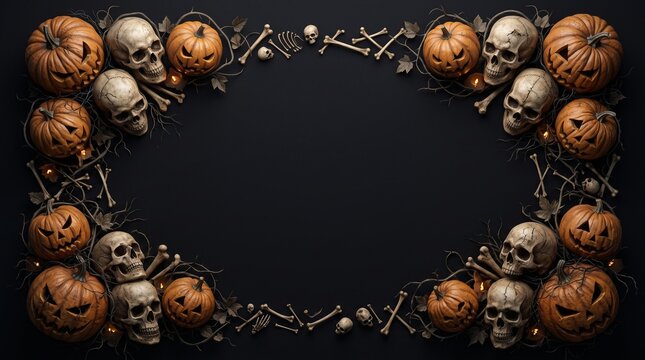 A dark halloween background featuring a decorative border made of realistic human skulls and carved pumpkins on black space