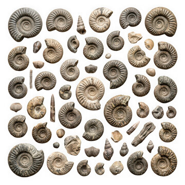 Grid layout of numerous diverse ammonite fossils and ancient shells