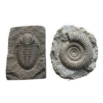 Fossilized trilobite and ammonite specimens embedded in rock matrix