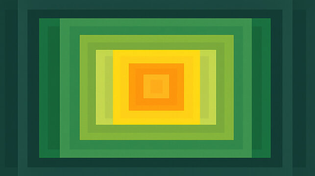 Geometric abstract art with layered rectangles in green, yellow, and orange tones, creating vibrant gradient effect and sense of depth and energy