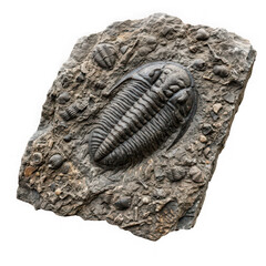 Naklejka premium Large trilobite fossil embedded within a textured stone slab surface