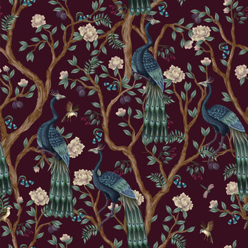 Chinoiserie Peacock Seamless Pattern with Floral Trees Birds Vintage Oriental Wallpaper Design Illustration