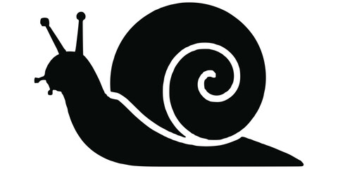 A black silhouette of a garden snail with a spiral shell, isolated on a plain white background, now d © Litonchandra