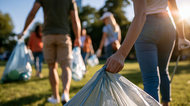 rear view of a team of volunteers cleaning a bright park with plastic recycling bags, backs to camera, community service concept, sustainability, charity, environment, reducing