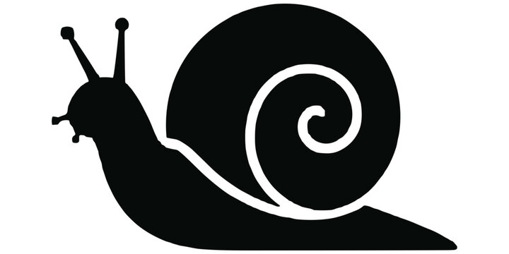 A black silhouette of a garden snail with a spiral shell, isolated on a plain white background, now d