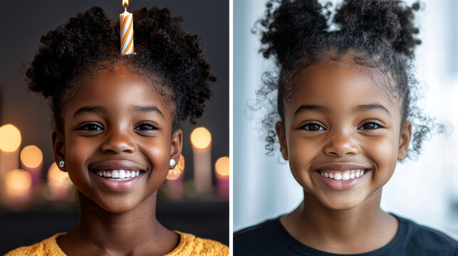Smiling girl with curly hair birthday candle warm lighting joyful expression close up portrait earrings casual clothing happy child celebration indoor natural beauty