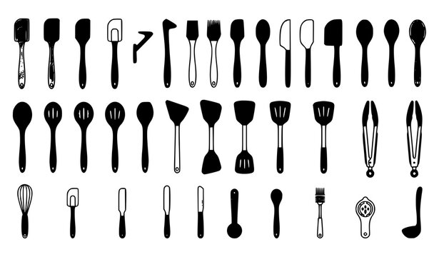 Kitchen Utensil Silhouette and Line Art Icon Set Featuring Spatulas Spoons Whisks Tongs Ladles Slotted Turners and Baking Accessories for Culinary Design Vectors