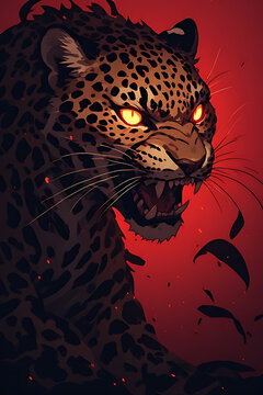 Close up profile of a fierce angry leopard head with glowing yellow eyes