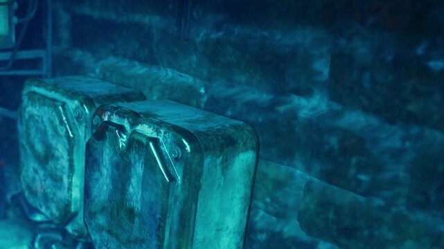Two old metal containers are submerged underwater in a dark area near a wall. The space is dim and gives a sense of depth and quietness.