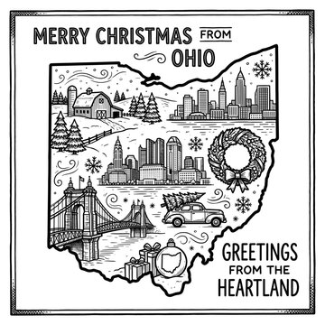 Ohio state map celebrating Christmas holidays and greetings