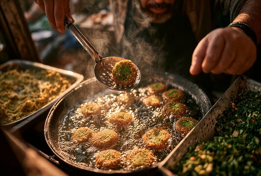 Deep-fried falafel balls bubbling in hot oil, prepared by a street food vendor. The scene captures the authentic process of making a popular Middle Eastern dish