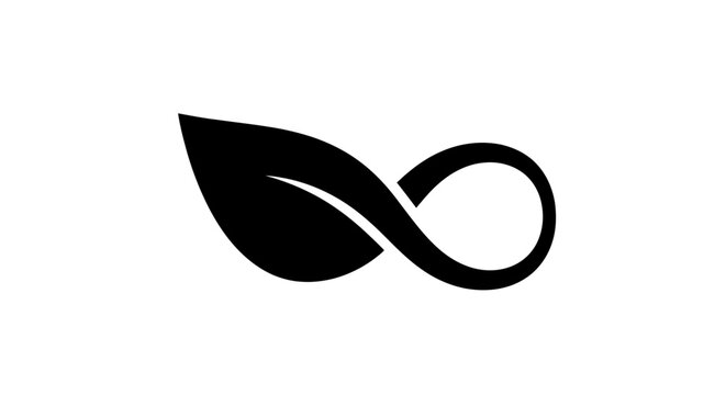 Black infinity leaf logo icon representing endless nature, continuous eco sustainability, green environment growth concept, and eternal ecology on white background