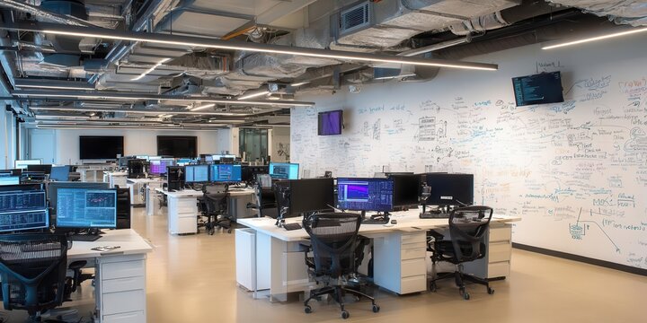 Modern Open Plan IT Office with Computer Workstations and Brainstorming Whiteboard Wall