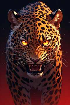 Front view of an intense angry leopard staring forward with glowing eyes