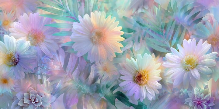 Pastel Floral Background with Daisies and Palm Leaves