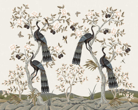 Chinoiserie Peacock Mural with Elegant Birds Floral Trees Vintage Wallpaper Landscape Design Illustration