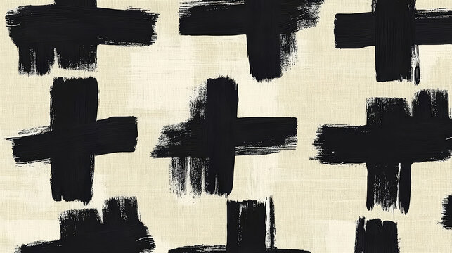 Abstract black brushstroke cross pattern on beige canvas background, modern hand painted texture, artistic geometric design, bold expressive style, creative home decor wallpaper