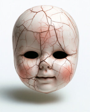 A broken doll face with cracks all over its surface, giving it a creepy and eerie look. The doll has black eyes and rosy cheeks.