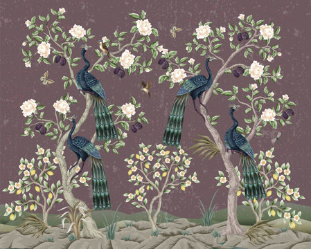 Chinoiserie Peacock Mural with Elegant Birds Floral Trees Vintage Wallpaper Landscape Design Illustration