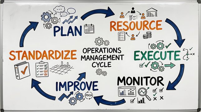 Operations management cycle diagram drawn on a whiteboard with icons and text.