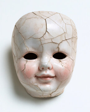 A cracked and old doll head with rosy cheeks and dark empty eyes, conveying a sense of sadness and forgotten childhood