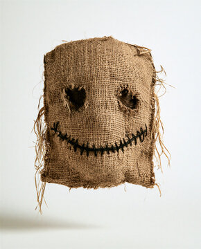Scary burlap mask with a stitched smile and eye holes, creating an unsettling expression