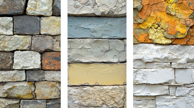 Weathered stone wall texture rough surface aged paint cracked plaster yellow gray white rustic natural pattern closeup construction material abstract background