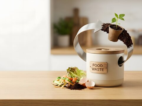 Modern kitchen food waste composter on wooden counter with vegetable peels and eggshells, featuring a conceptual recycling arrow transforming organic scraps into a small green plant.