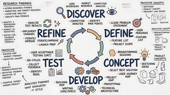 Comprehensive product development lifecycle diagram illustrating the iterative design thinking process from discovery to final development.