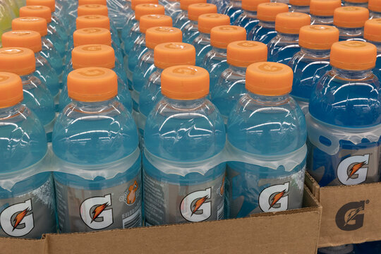 Gatorade drink display. Gatorade is a sports drink under PepsiCo and replaces electrolytes that athletes lose in sweat.