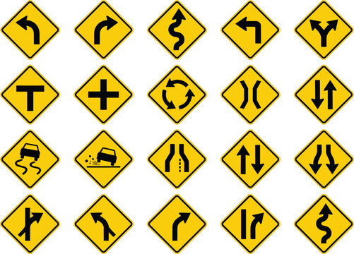 Yellow Diamond Traffic Warning Road Sign Vector Set Featuring Comprehensive Matrix Grid Of Highway Caution Symbols For Curves Intersections Narrowing Lanes And Slippery SurfacesYellow Diamond Traffic 