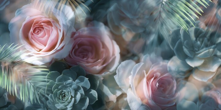 Soft Pink Roses and Echeveria Succulents Floral Background with Palm Leaves