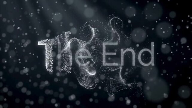 The End White Outline Disintegrates Into Sparkling Dust Across Dark Bokeh Background Cinematic 4K Animation.
