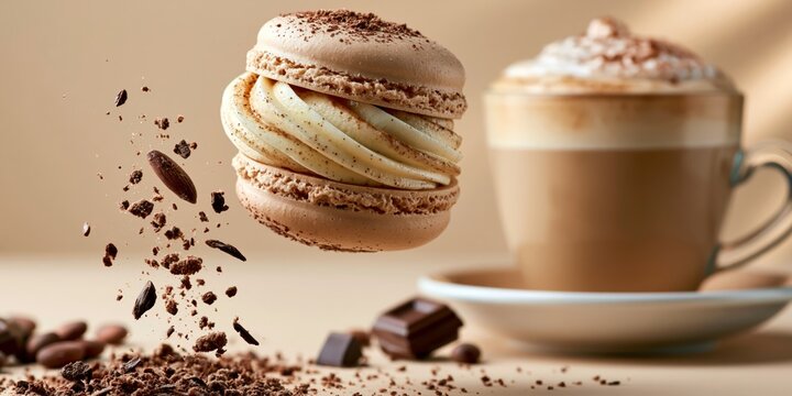 Floating delicious chocolate macaron with cream filling and exploding crumbs next to a warm coffee cup.