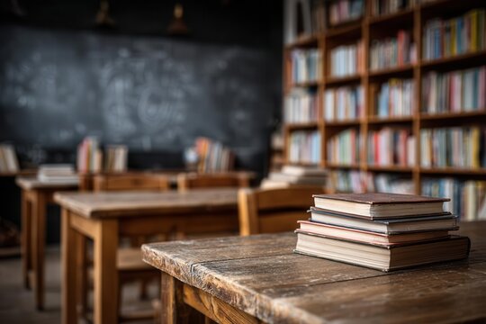 Stack of Books on Wooden Desk in Vintage Classroom Library Background
