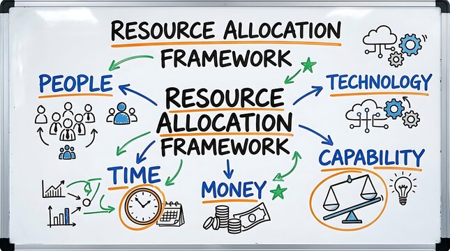 A whiteboard diagram illustrating a resource allocation framework with key business components and icons.