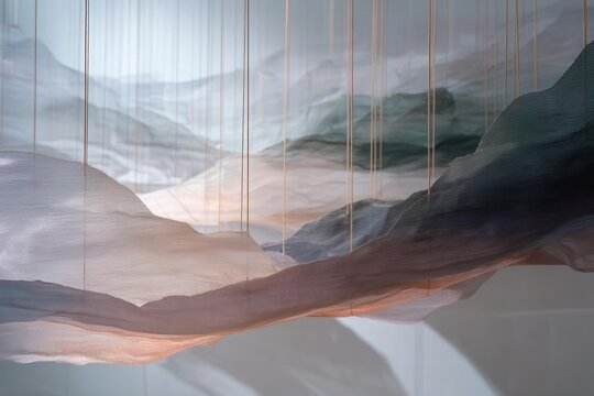 Suspended Layered Wire Mesh Sculpture Depicting Abstract Mountain Landscape