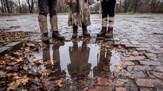 Autumn park puddle showing muddy boots and reflections of diverse kids in DIY Halloween costumes