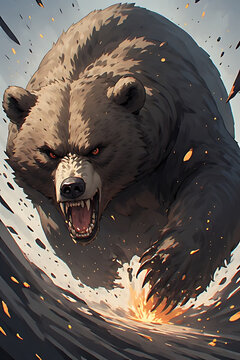 Fierce grizzly bear charging forward with bared teeth and sharp claws