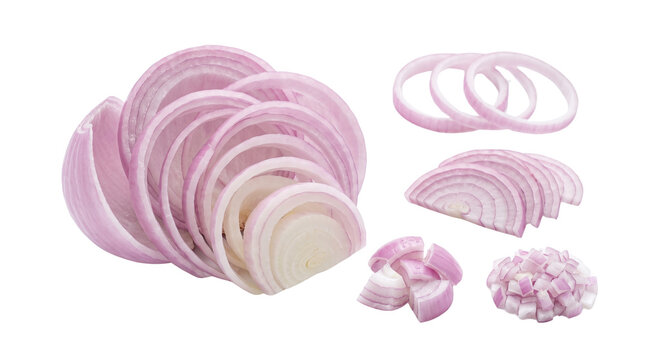 Fresh red onion slices and rings, sliced purple onion pieces on white background, diced and chopped onion set for cooking